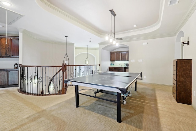 recreation room with attic access, a tray ceiling, arched walkways, and light colored carpet