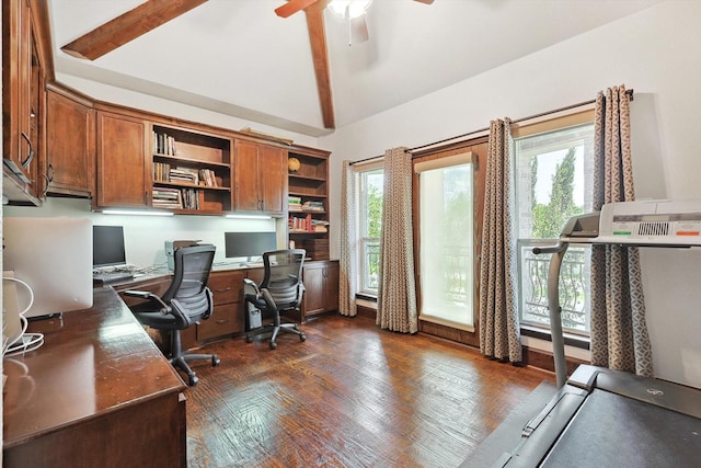 office space featuring a ceiling fan, lofted ceiling with beams, and dark wood-style floors