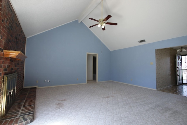 unfurnished living room with high vaulted ceiling, a fireplace, carpet flooring, visible vents, and beam ceiling