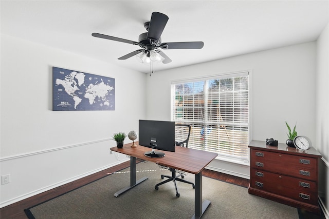 office area with ceiling fan, wood finished floors, and baseboards