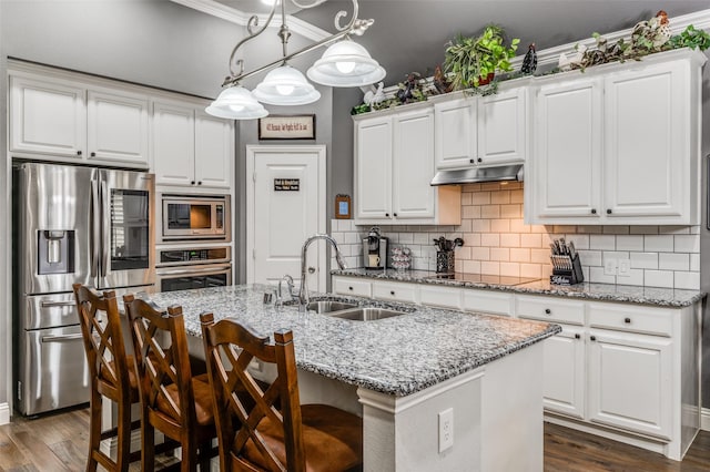 kitchen featuring dark wood-style floors, backsplash, appliances with stainless steel finishes, a sink, and under cabinet range hood