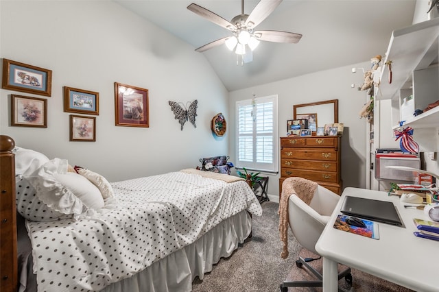 bedroom featuring vaulted ceiling, carpet, and a ceiling fan