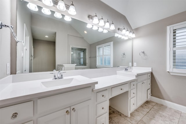 9804 Bitterroot Dr, Little Elm, TX 75068 - full bath featuring double vanity, vaulted ceiling, a shower, and tile patterned floors