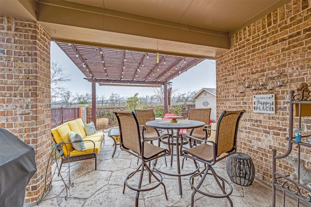 view of patio / terrace with outdoor dining space, a pergola, a grill, and fence