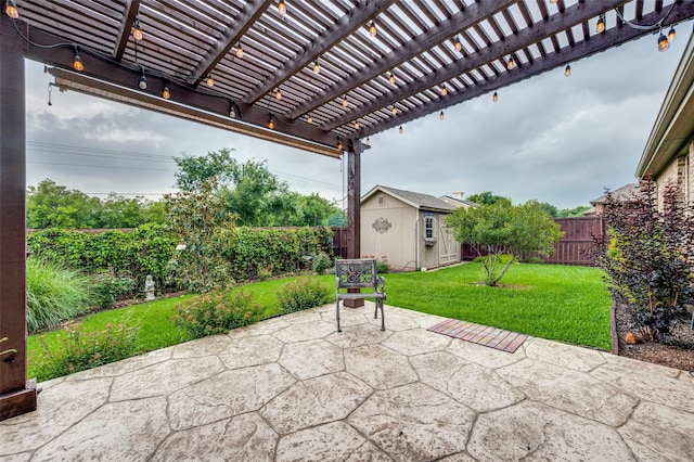 9804 Bitterroot Dr, Little Elm, TX 75068 - fenced backyard with a patio area, a pergola, and a storage shed