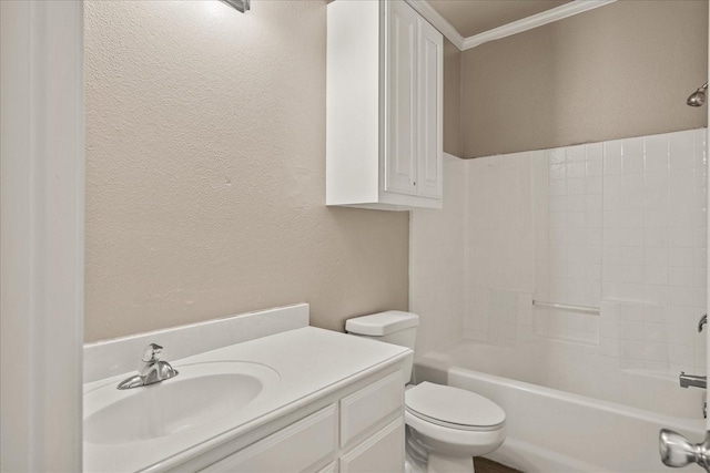 bathroom with a textured wall, toilet, ornamental molding, vanity, and  shower combination