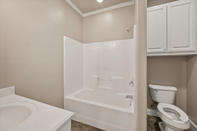 full bath featuring a textured wall, toilet, shower / bath combination, vanity, and crown molding