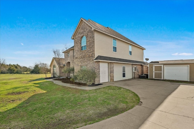 view of home's exterior featuring a garage, brick siding, a lawn, and central AC