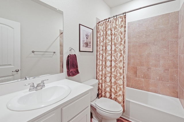 full bathroom with toilet, shower / tub combo with curtain, and vanity