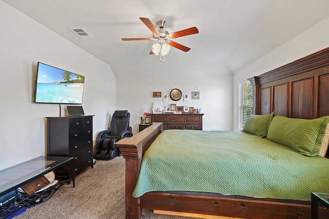 bedroom featuring lofted ceiling, carpet floors, ceiling fan, and visible vents