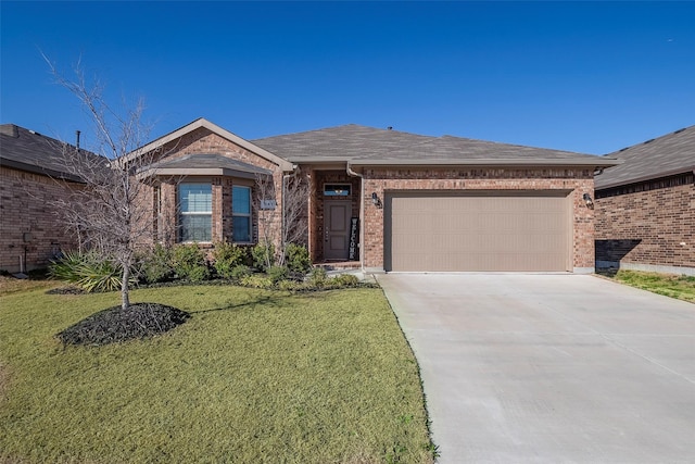 841 Holler Loop, Fort Worth, TX 76247 - single story home featuring brick siding, an attached garage, driveway, a front lawn, and a shingled roof