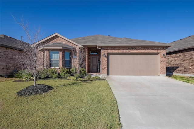 single story home with brick siding, a front lawn, concrete driveway, roof with shingles, and an attached garage