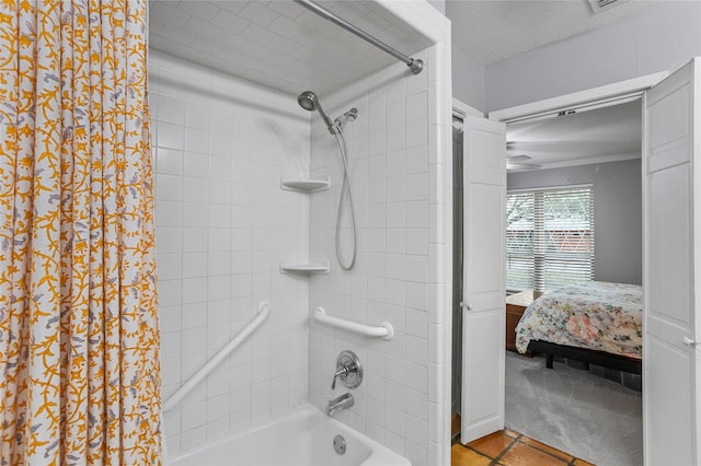 bathroom featuring ensuite bath, tile patterned flooring, and shower / bathtub combination with curtain