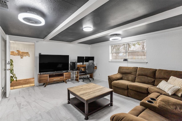 carpeted living room featuring a textured ceiling, beamed ceiling, and visible vents