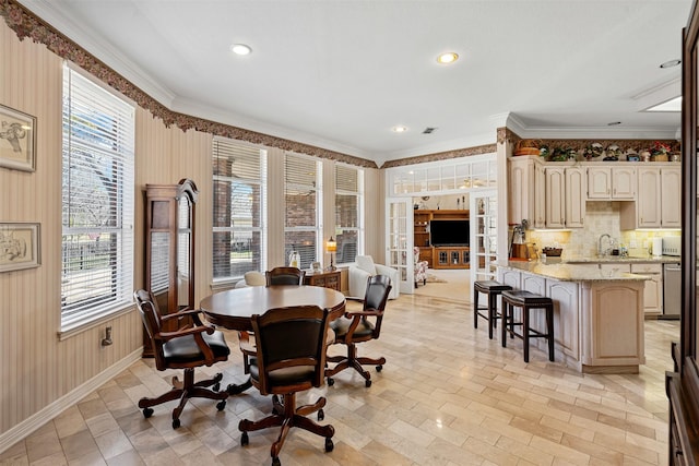 dining room featuring ornamental molding, recessed lighting, and visible vents