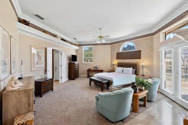 bedroom with baseboards, carpet floors, ornamental molding, and access to exterior