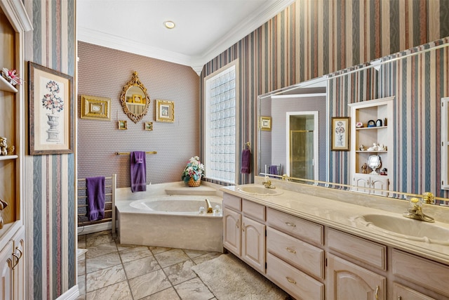 bathroom with double vanity, a stall shower, a garden tub, and wallpapered walls