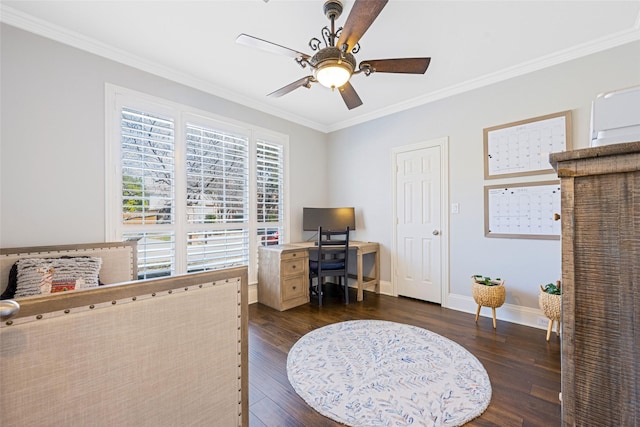 bedroom featuring dark wood-style flooring, crown molding, and baseboards