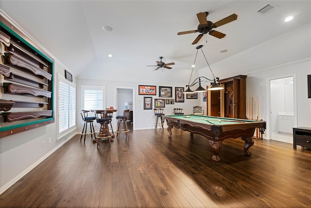 rec room featuring pool table, visible vents, vaulted ceiling, wood finished floors, and baseboards