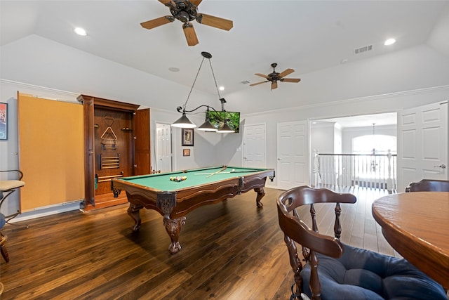 rec room featuring lofted ceiling, visible vents, hardwood / wood-style floors, and recessed lighting