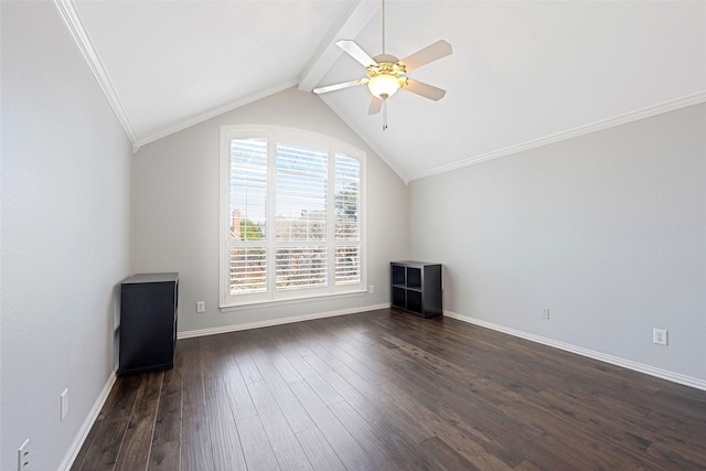 additional living space featuring lofted ceiling with beams, ceiling fan, dark wood-type flooring, and baseboards