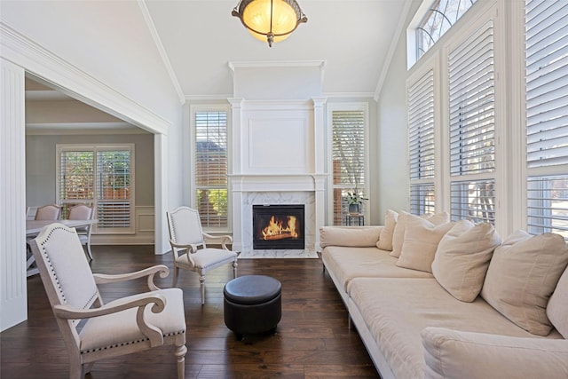 living area with dark wood finished floors, a wainscoted wall, a premium fireplace, ornamental molding, and vaulted ceiling