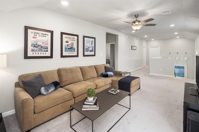 living room featuring recessed lighting, visible vents, vaulted ceiling, and carpet flooring