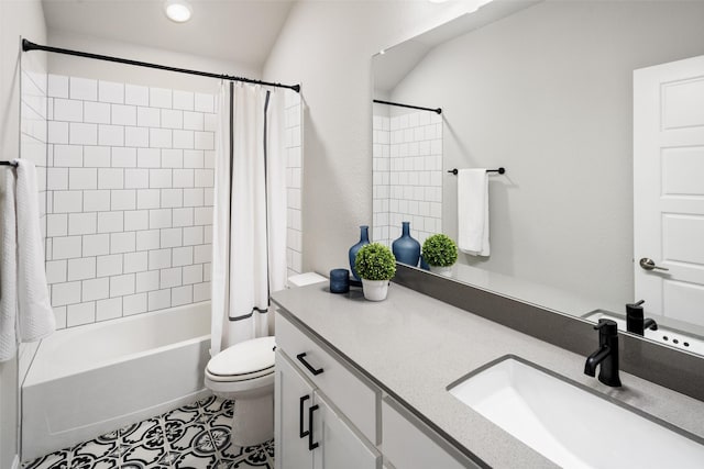 full bath featuring shower / bathtub combination with curtain, toilet, and vanity