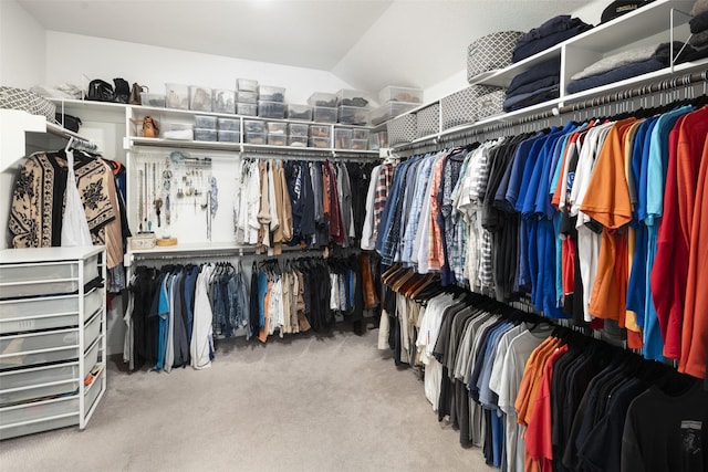 walk in closet featuring carpet and vaulted ceiling