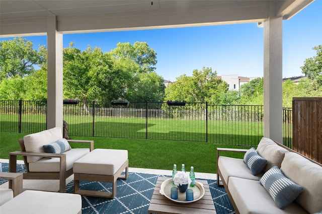 view of patio with a fenced backyard and outdoor lounge area