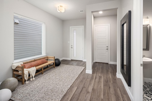 entrance foyer with baseboards, visible vents, and wood finished floors