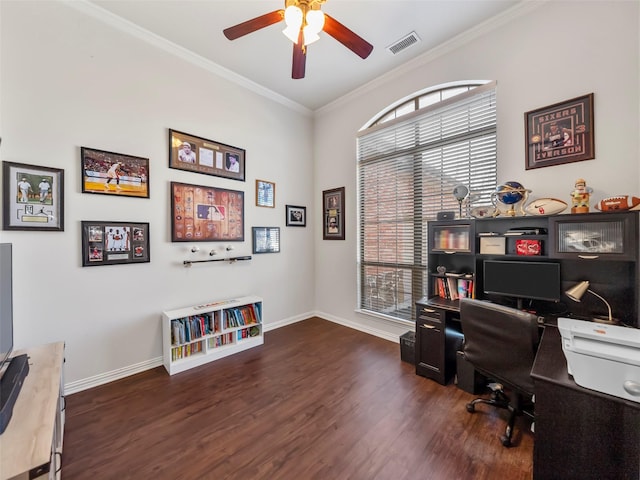 home office with visible vents, wood finished floors, a wealth of natural light, and crown molding