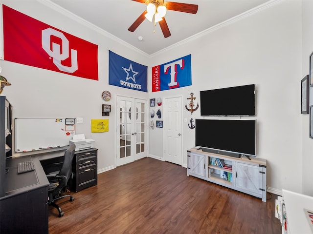 office with ornamental molding, french doors, ceiling fan, and wood finished floors