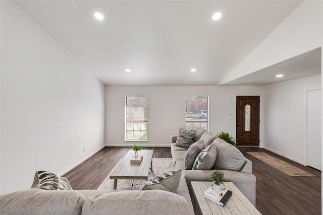 living room featuring recessed lighting, vaulted ceiling, and wood finished floors