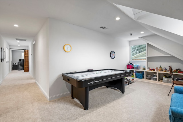 rec room with carpet, visible vents, and recessed lighting