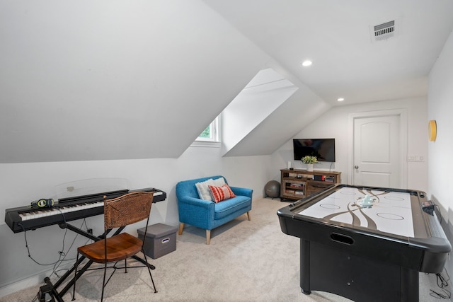 recreation room with carpet floors, recessed lighting, visible vents, and lofted ceiling