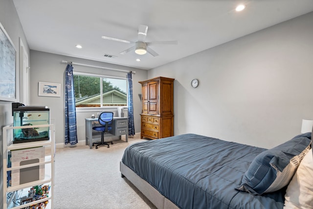 bedroom with ceiling fan, recessed lighting, visible vents, baseboards, and carpet