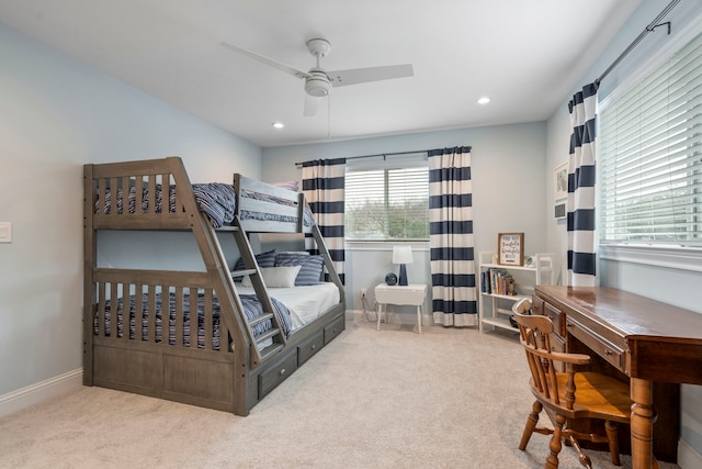 bedroom featuring recessed lighting, carpet flooring, ceiling fan, and baseboards