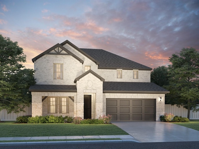 view of front of home featuring roof with shingles, fence, concrete driveway, and brick siding