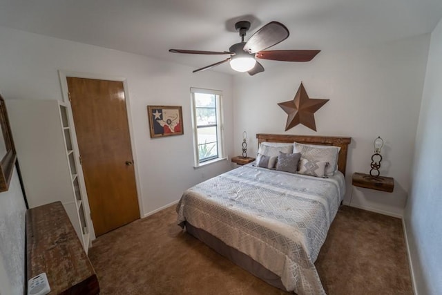 bedroom featuring ceiling fan, carpet floors, and baseboards