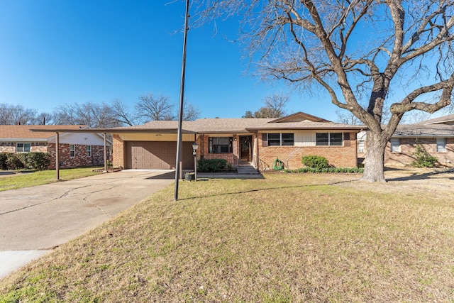 ranch-style house with a garage, a front yard, and brick siding