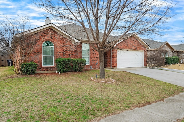 view of front of property with an attached garage, brick siding, concrete driveway, a front lawn, and a chimney