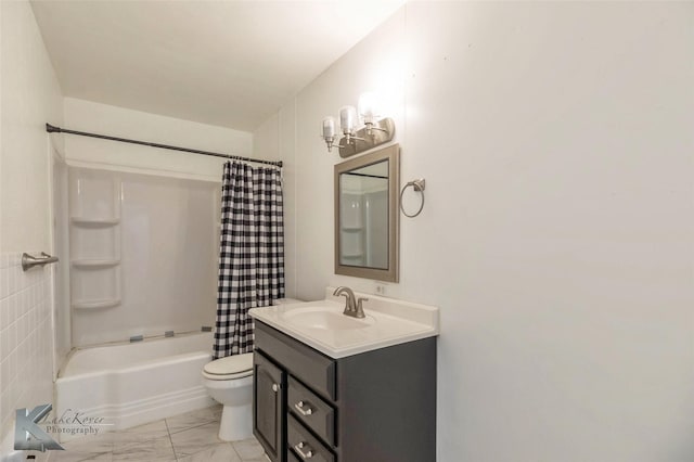 bathroom with toilet, marble finish floor, shower / bath combination with curtain, and vanity