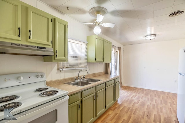 kitchen with a sink, under cabinet range hood, green cabinets, and white appliances