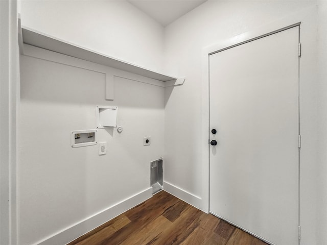 laundry room featuring laundry area, baseboards, dark wood-type flooring, hookup for an electric dryer, and washer hookup