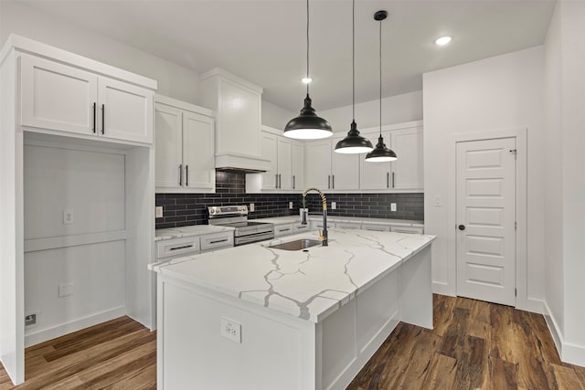 kitchen featuring dark wood-type flooring, white cabinets, a sink, and stainless steel electric range