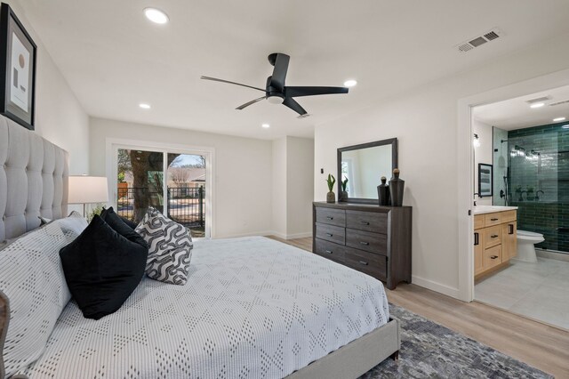 bedroom with light wood-style flooring, recessed lighting, visible vents, access to exterior, and ensuite bath