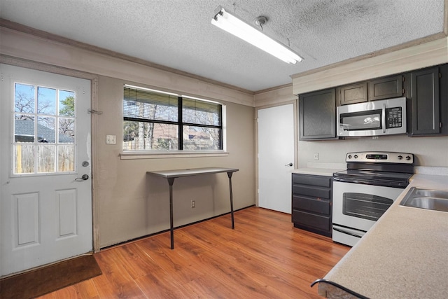 kitchen with light wood finished floors, appliances with stainless steel finishes, and light countertops