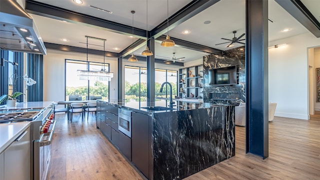 kitchen with light wood-type flooring, exhaust hood, high end stainless steel range oven, and a sink