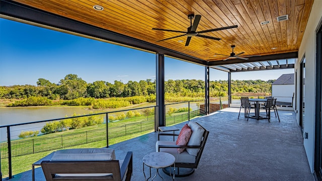 view of patio / terrace with visible vents, a water view, a ceiling fan, fence, and an outdoor living space